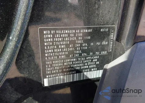 2012 Volkswagen Tiguan S из США, поврежденный, VIN WVGAV7AX3CW584045